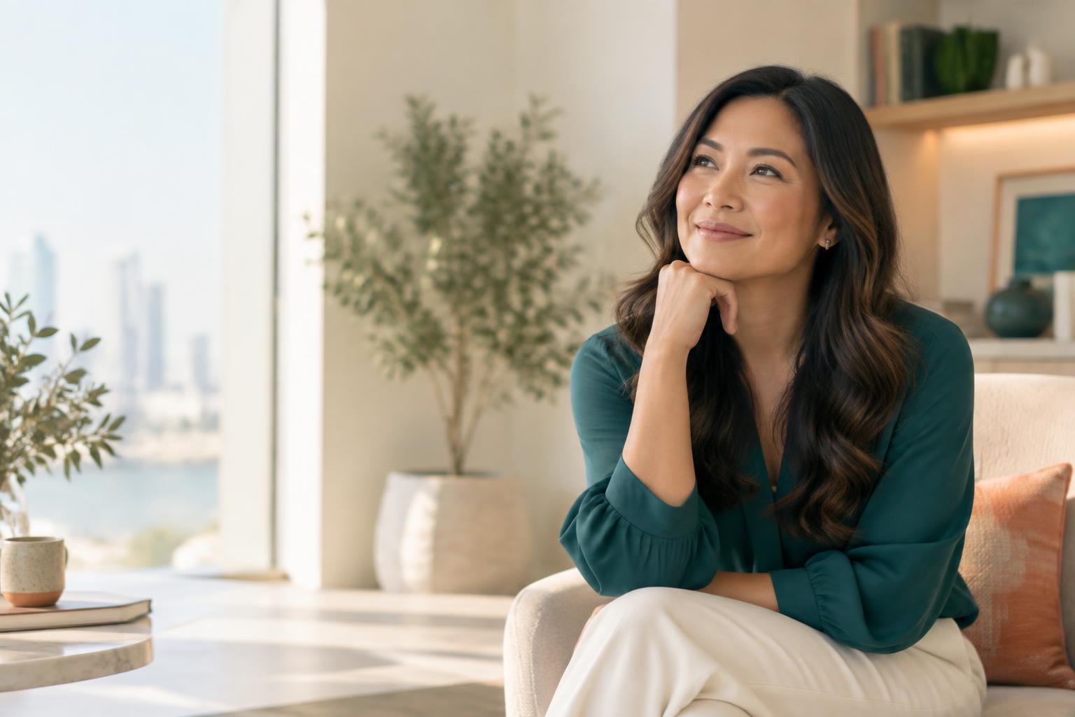 A woman reflecting with a warm smile in a sunlit workspace