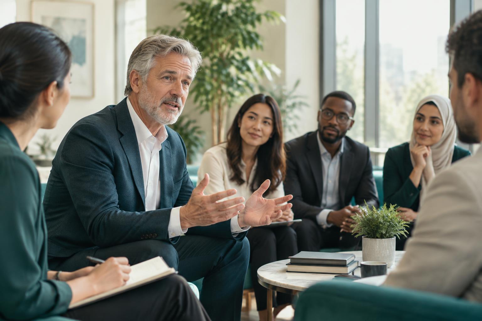 An experienced leader speaking calmly with a diverse group of colleagues