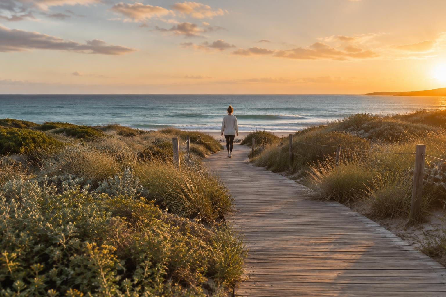 Peaceful coastal boardwalk at golden hour, representing freedom of movement and recovery from chronic pain
