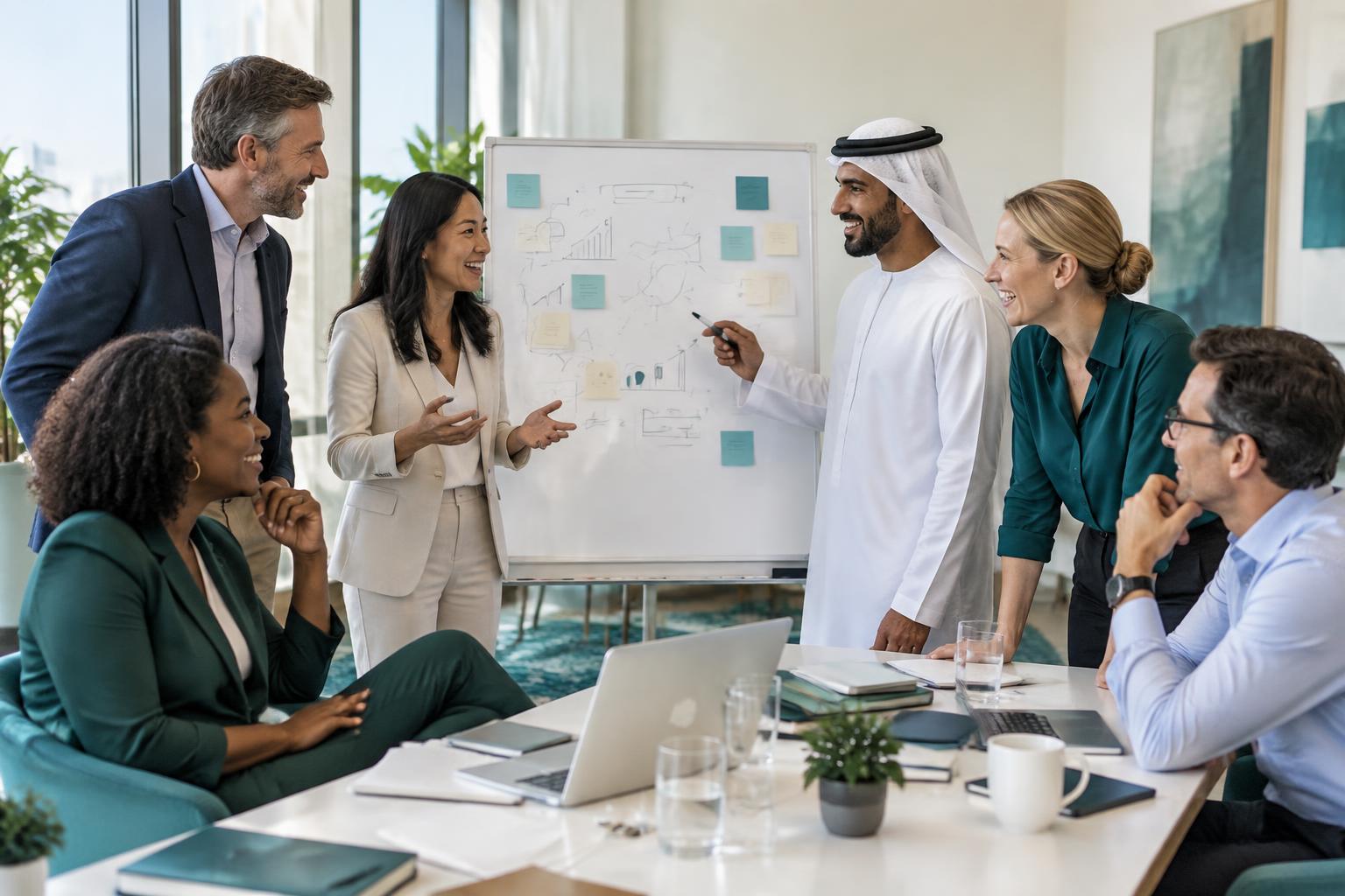 A diverse leadership team exchanging ideas around a workshop whiteboard